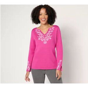 Susan‎ Graver Pink Split Neck Jacquard Sweater Women's  XL